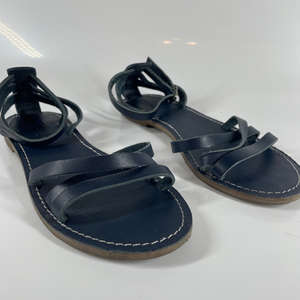 Madewell Navy Blue Leather Strappy Gladiator Sandals Flat Buckle Womens 6.5